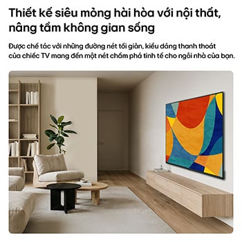 LG NANO 4K UHD AI NU80 with a Slim Design is wall-mounted in a bright, open living space, featuring a sleek profile that blends seamlessly into the interior while displaying vibrant, multicolored abstract shapes across the screen.
